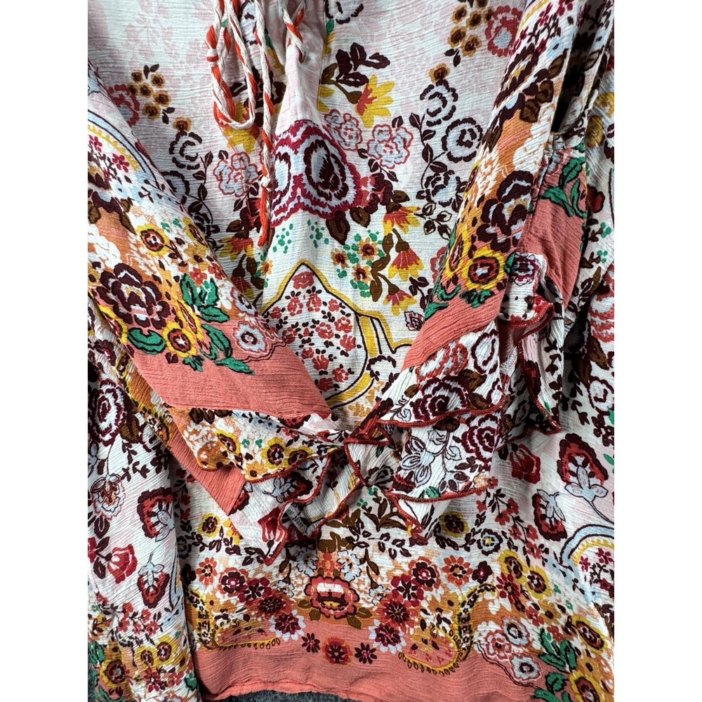 Democracy Womens L Boho Floral Cold Shoulder Lace Up Peasant Top Rayon - Picture 14 of 14